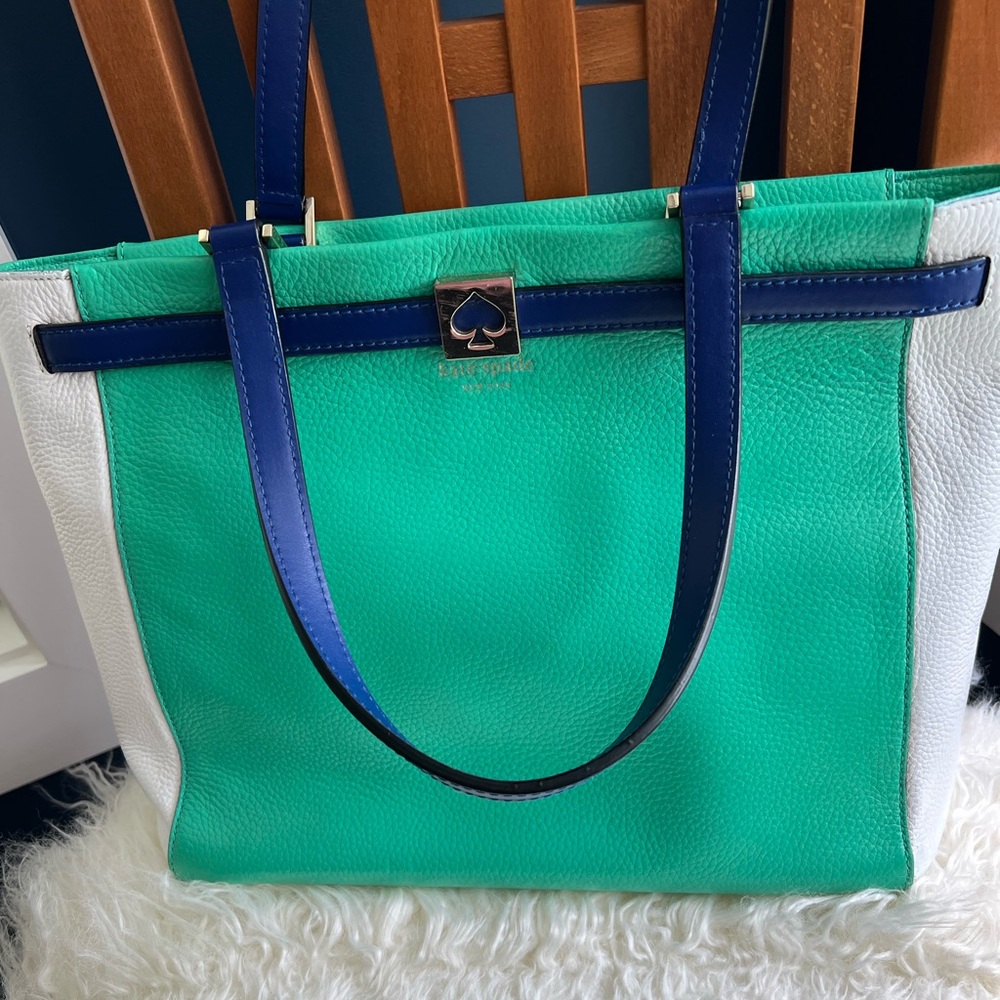 kate spade Leo Houston Street pebbled leather tote bag in green/white/navy blue.